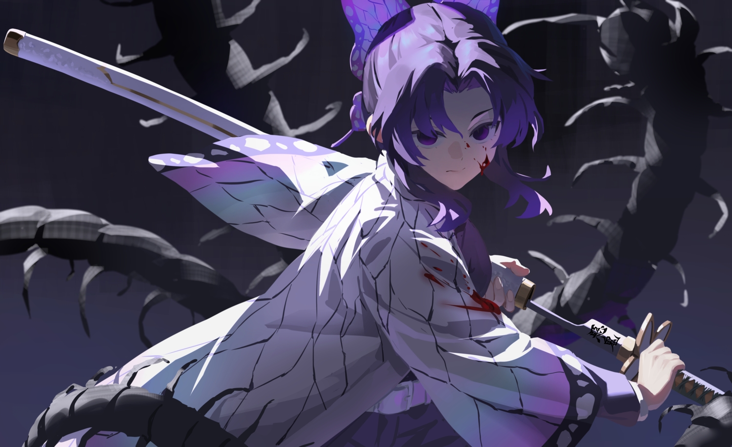 japanese_clothes, katana, kimetsu_no_yaiba, kochou_shinobu, purple, purple_eyes, purple_hair, short_hair