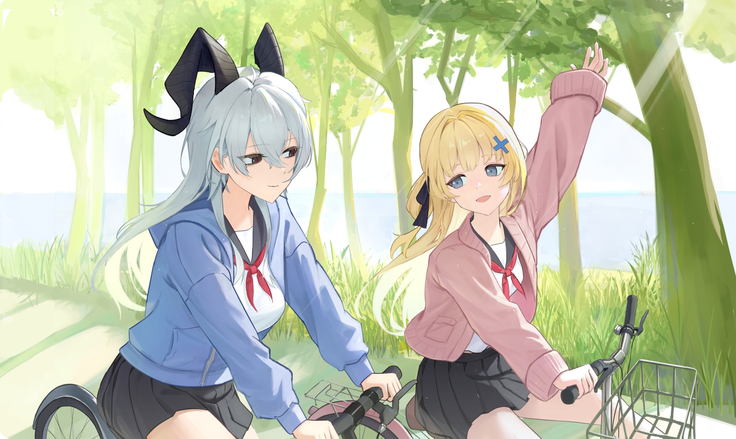 2girls, bicycle, black_eyes, blonde_hair, blue_eyes, bow, grass, gray_hair, hood, horns, long_hair, myumyu431, phoebe_(wuthering_waves), school_uniform, shirt, skirt, tree, water, wuthering_waves, zani_(wuthering_waves)