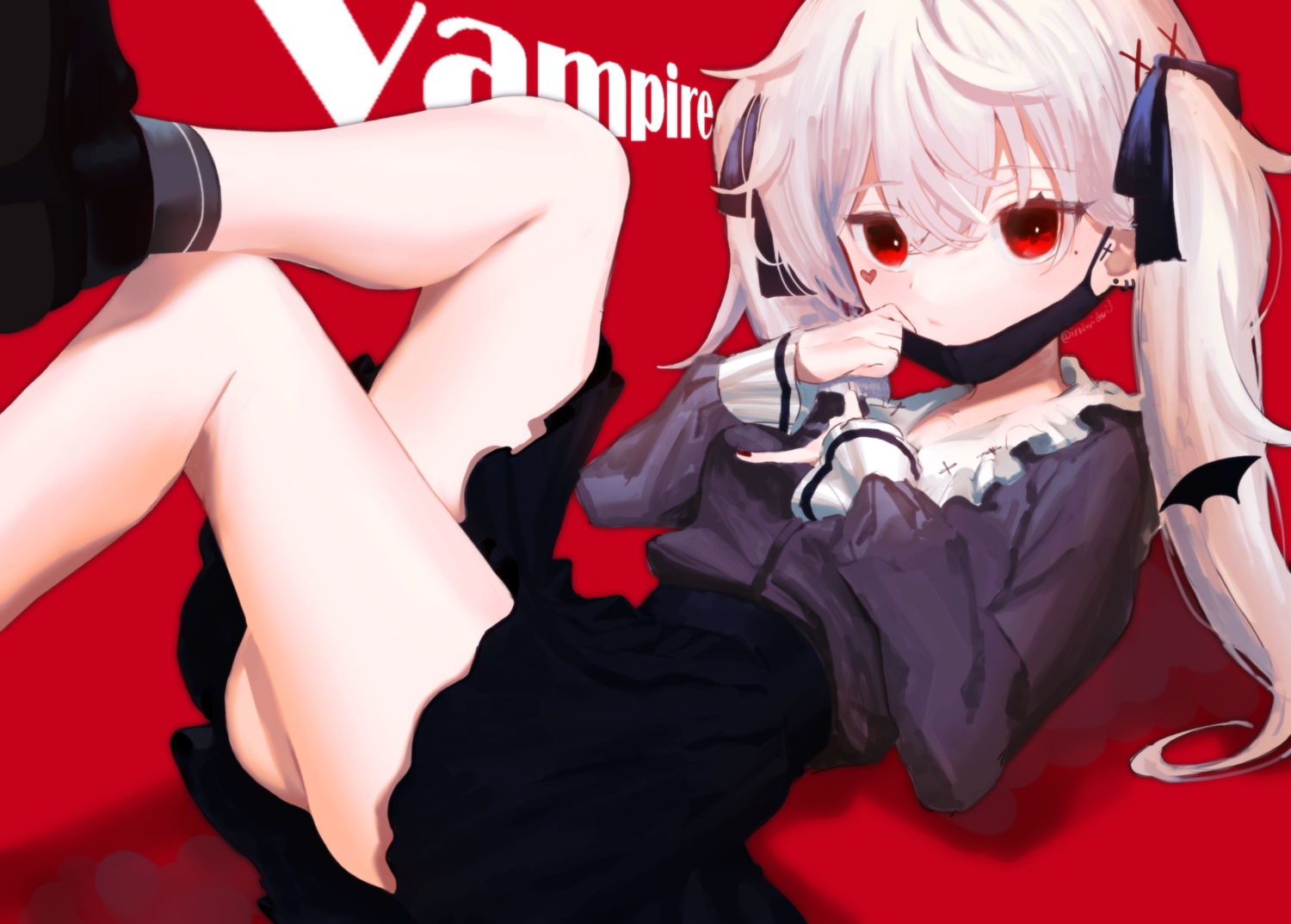 bow, genderswap, gray_hair, kuzuha_(nijisanji), long_hair, mask, nijisanji, red, red_eyes, shirt, signed, skirt, socks, twintails, vampire, wahaha_(shiki), wings