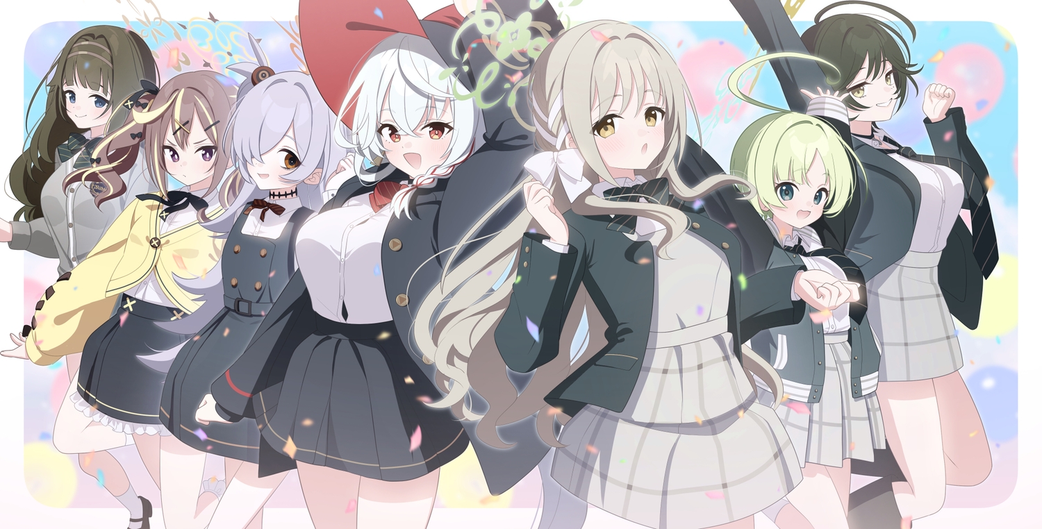 aliasing, black_hair, blue_archive, blue_eyes, blush, boots, bow, braids, brown_eyes, brown_hair, cat_smile, choker, dress, gray_hair, green_eyes, green_hair, group, halo, hat, headband, itagaki_kanoe, kaerunrun, kinui_rena, kneehighs, long_hair, purple_eyes, red_eyes, ribbons, sakurai_miyo, school_uniform, shiina_tsumugi, shirao_eri, shirt, short_hair, skirt, tie, twintails, usuba_ritsu, wakasa_fuyu, witch_hat, yellow_eyes