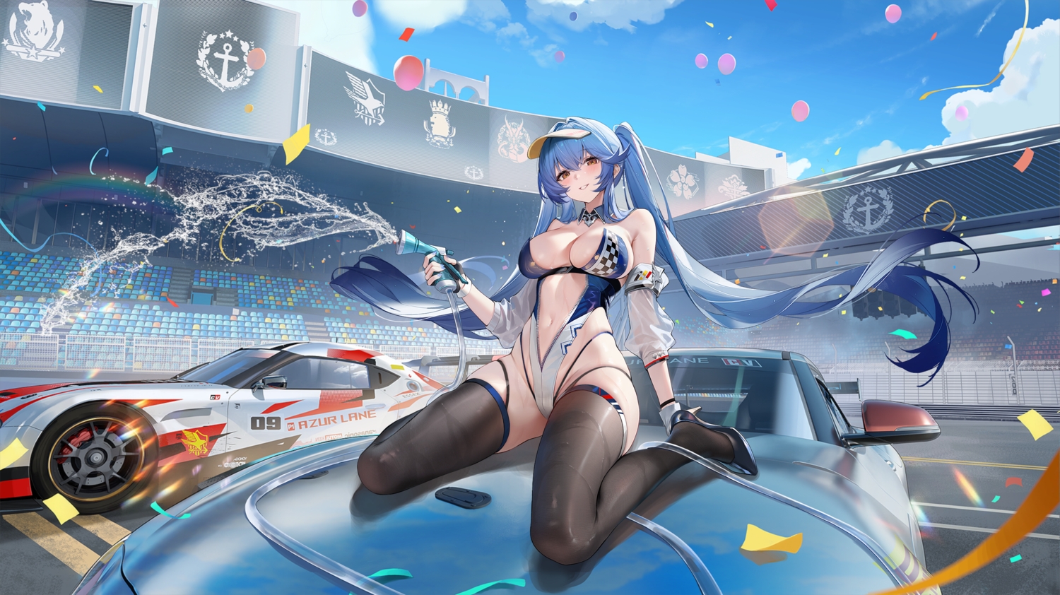 anthropomorphism, azur_lane, blue_hair, blush, breasts, brown_eyes, building, car