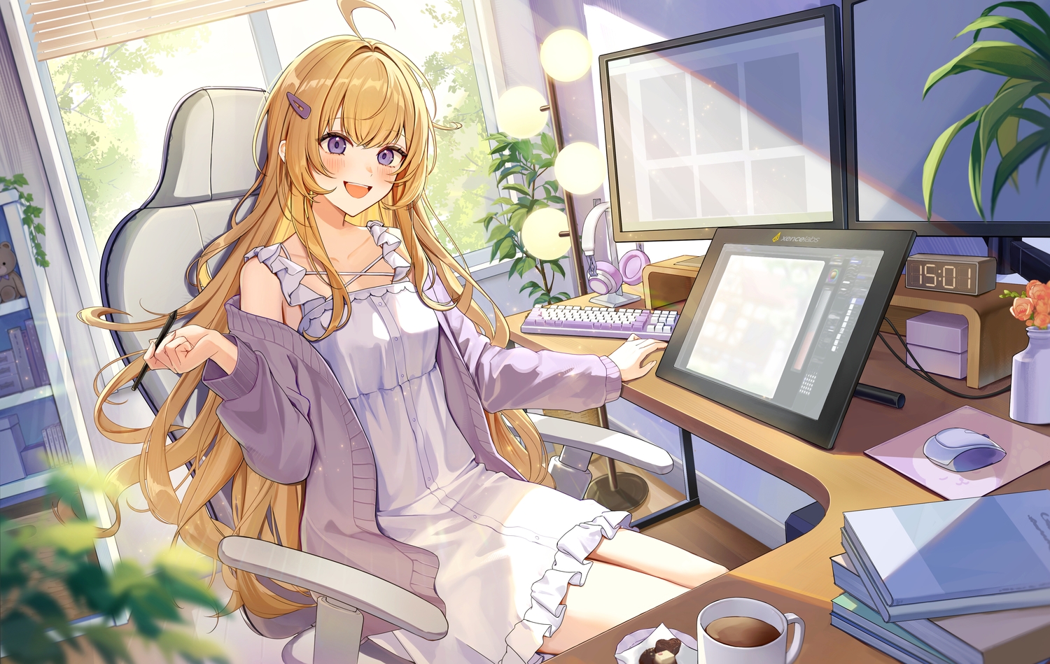 aliasing, blonde_hair, blush, book, candy, chocolate, computer, dress