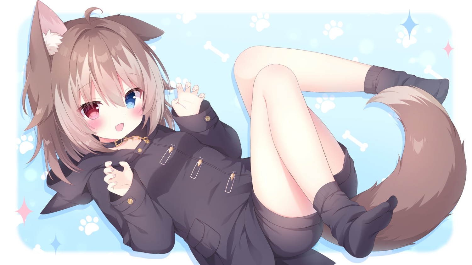 animal_ears, bicolored_eyes, blush, brown_hair, chain, collar, doggirl, fang