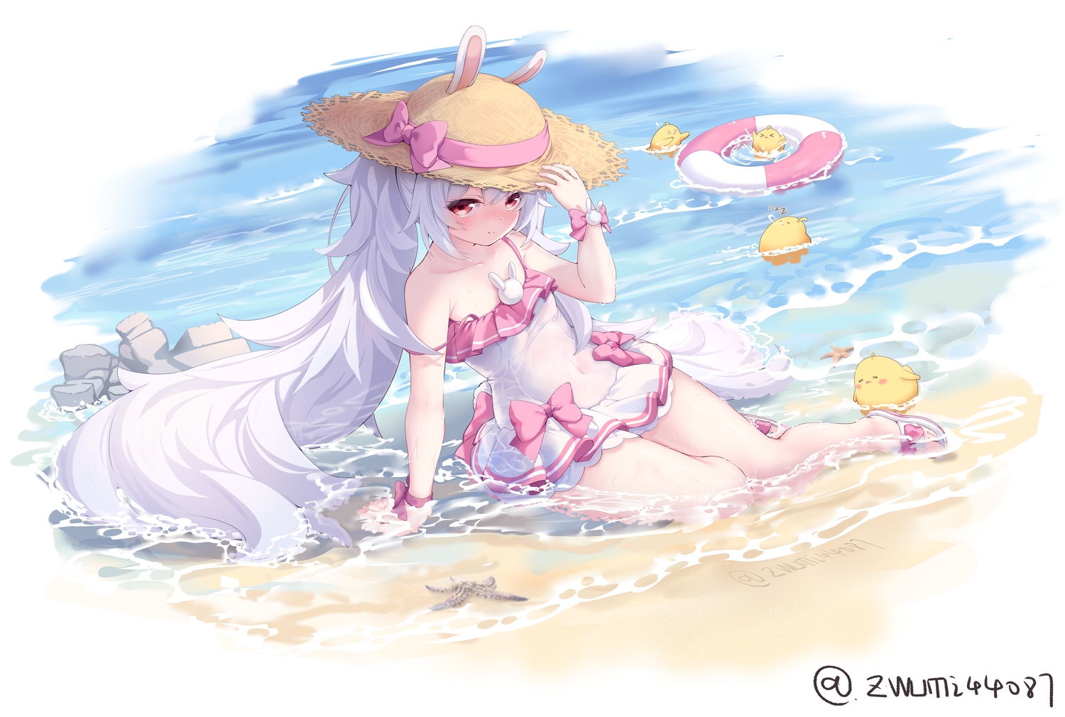 animal, animal_ears, anthropomorphism, azur_lane, beach, bird, blush, bow