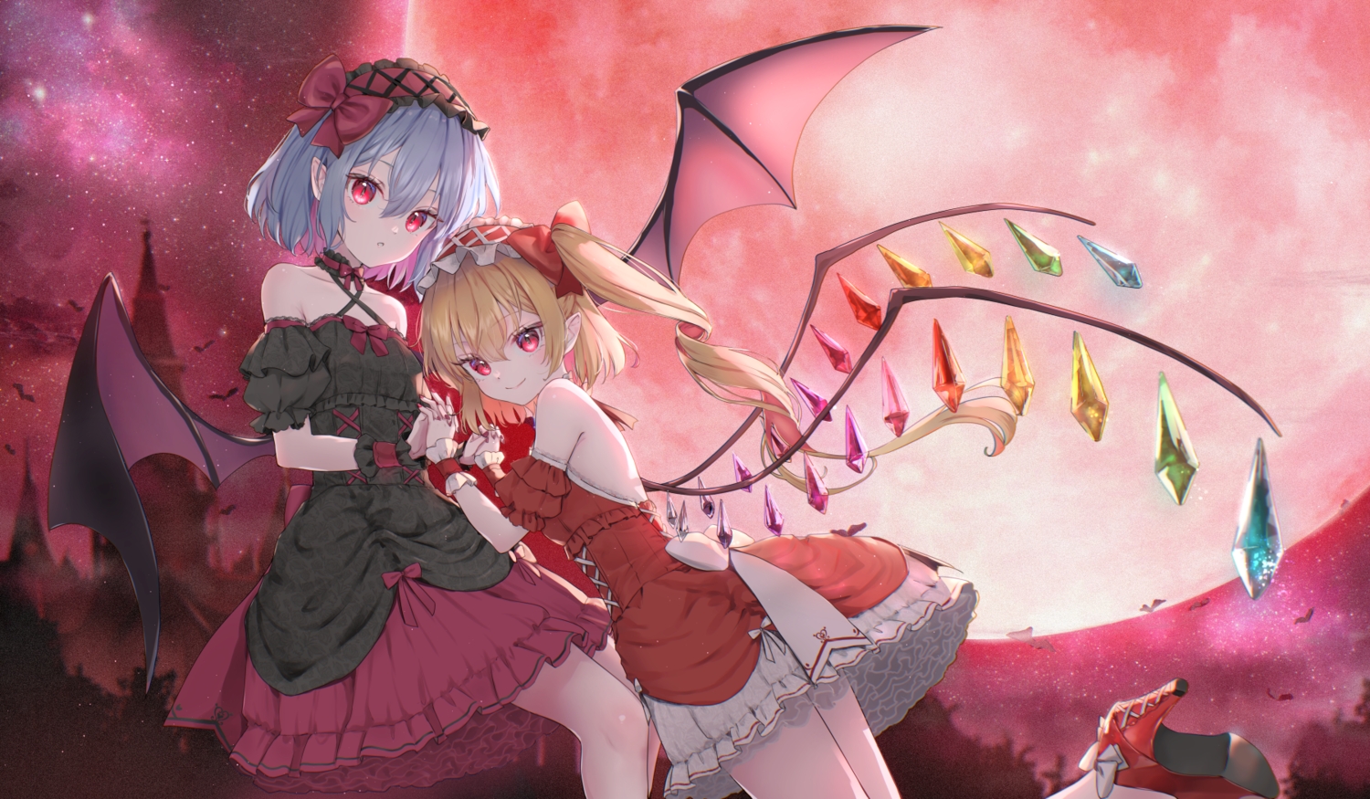 2girls, blonde_hair, flandre_scarlet, goth-loli, gray_hair, headband, lolita_fashion, long_hair, moon, night, pointed_ears, red_eyes, remilia_scarlet, shironeko_yuuki, sky, touhou, twins, vampire, wings