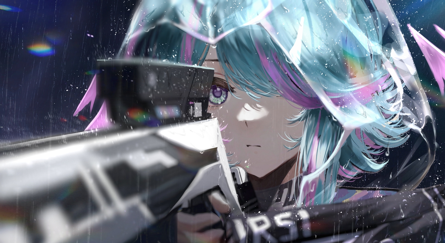 aliasing, aqua_hair, close, gun, hood, original, purple_eyes, rain