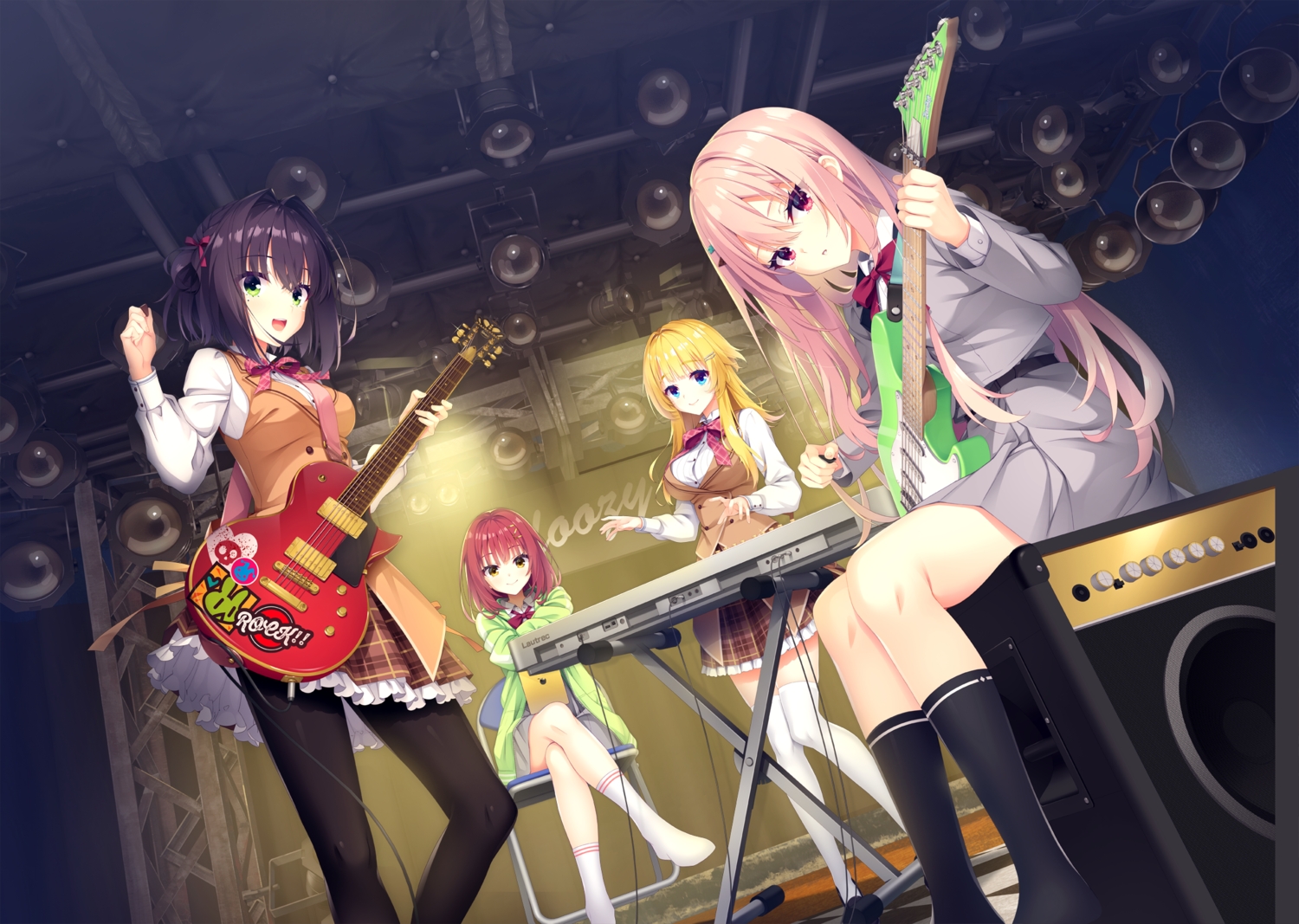 blonde_hair, blue_eyes, bow, futamihara_ririko, game_cg, green_eyes, group, guitar