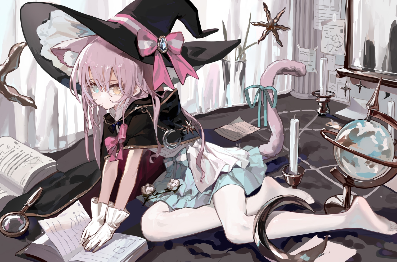 animal_ears, bicolored_eyes, book, bow, cape, catgirl, dress, flowers