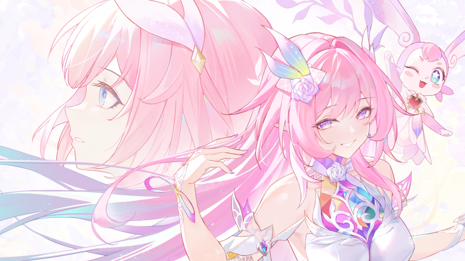 aqua_eyes, blue_eyes, cat_smile, close, cyrene_(honkai:_star_rail), honkai_(series), honkai:_star_rail, live_(mfwa7572), long_hair, mem_(honkai:_star_rail), pink_hair, pointed_ears, purple_eyes, short_hair, wink, wristwear