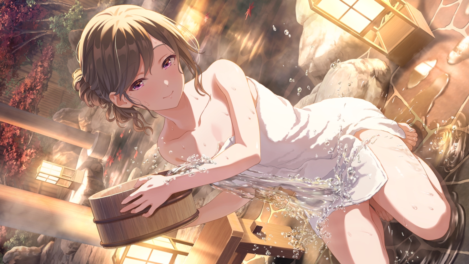 autumn, barefoot, brown_hair, game_cg, idoly_pride, leaves, night, purple_eyes