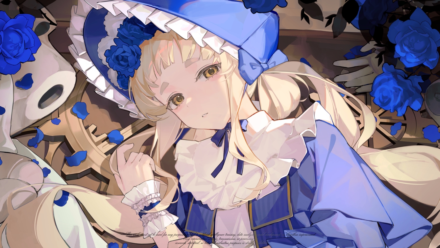 blonde_hair, bow, cine_(wazd0183), flowers, headdress, lolita_fashion, long_hair, machita_chima
