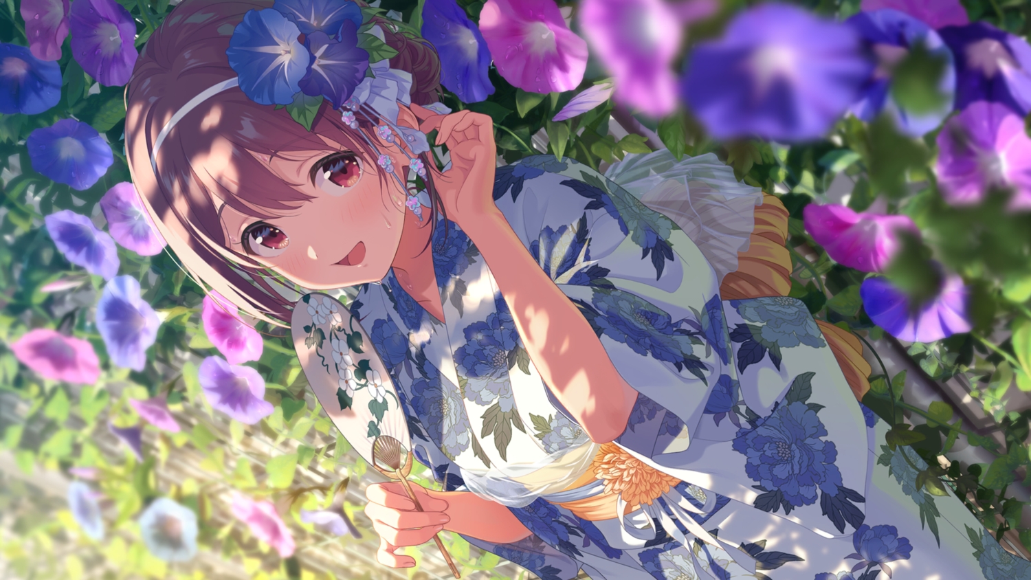 blush, brown_hair, fan, flowers, game_cg, headband, ibuki_nagisa, idoly_pride