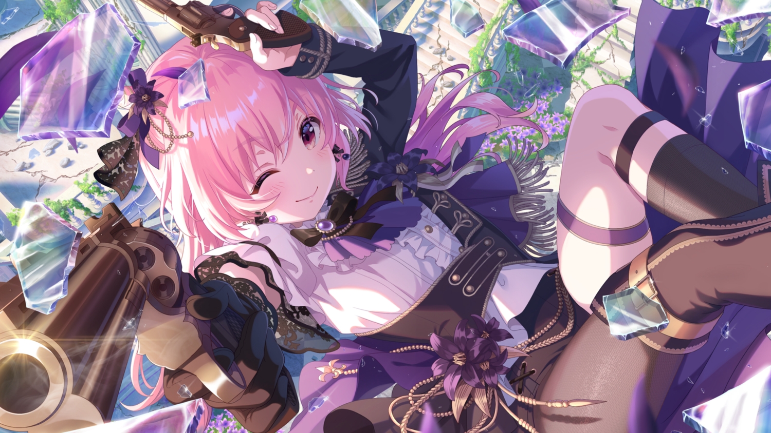 blush, boots, bow, flowers, game_cg, garter, gloves, gun