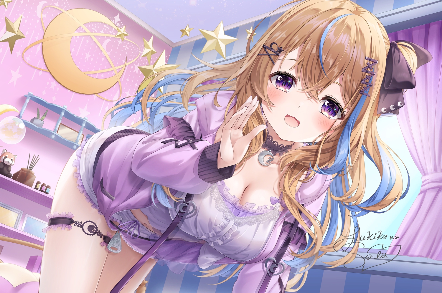 blush, bow, breasts, brown_hair, cat_smile, choker, cleavage, garter, hood, indie_virtual_youtuber, long_hair, navel, nemurine_rima, pajamas, purple_eyes, shorts, signed, yukikawa_sara