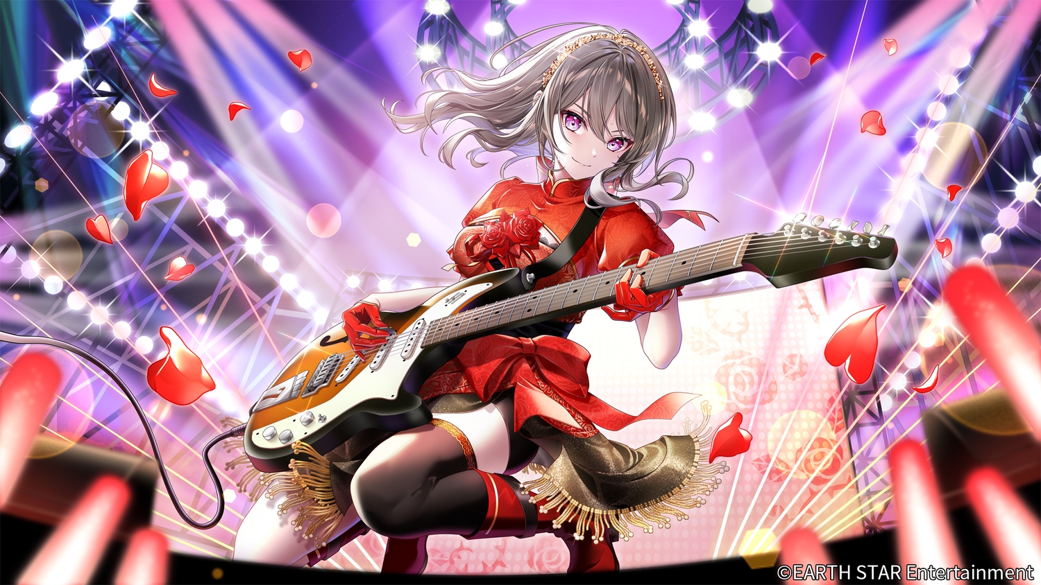 boots, bow, dress, gari_(apollonica), gloves, gray_hair, guitar, headband