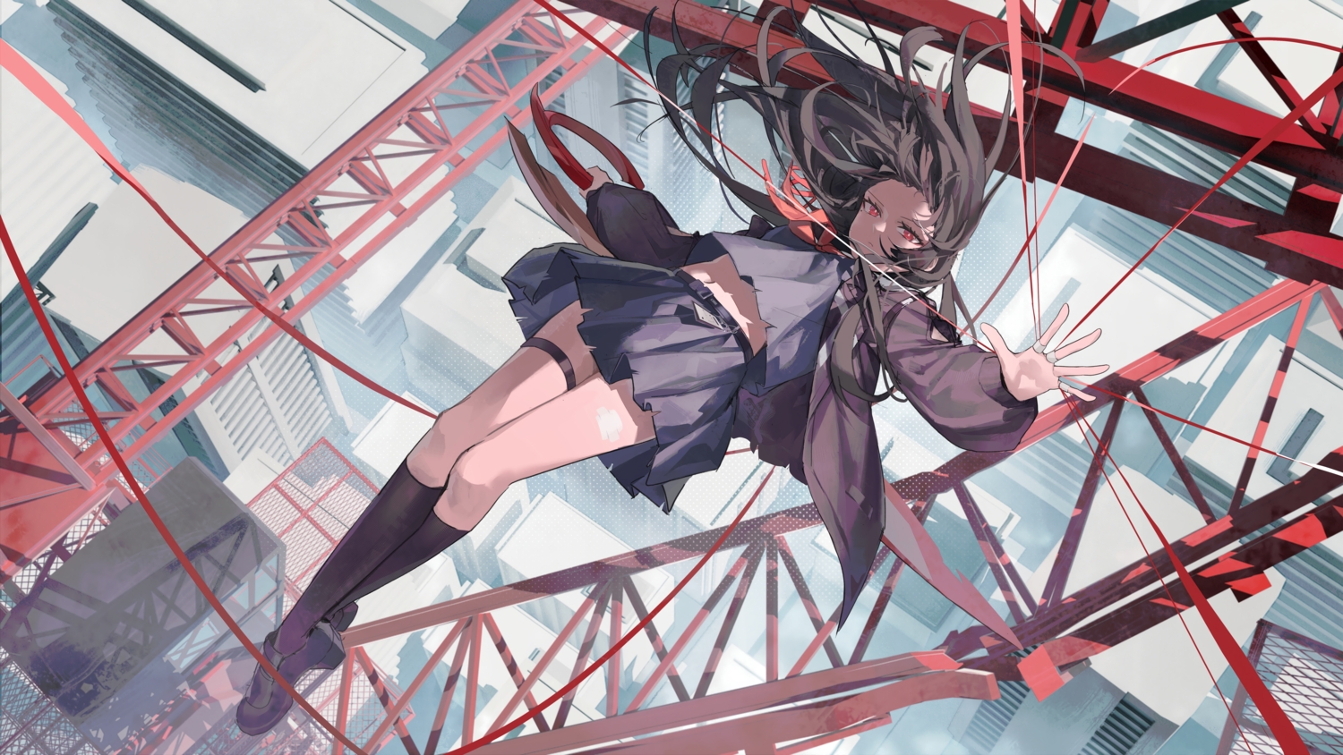 black_hair, building, chisa_(wuthering_waves), city, garter, industrial, kneehighs, long_hair