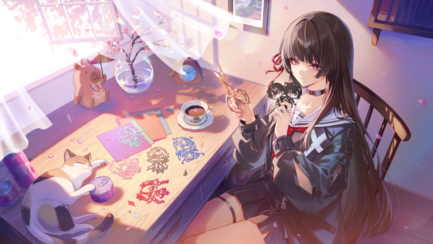 amaichi_esora, animal, bandage, black_hair, book, bow, cat, cherry_blossoms