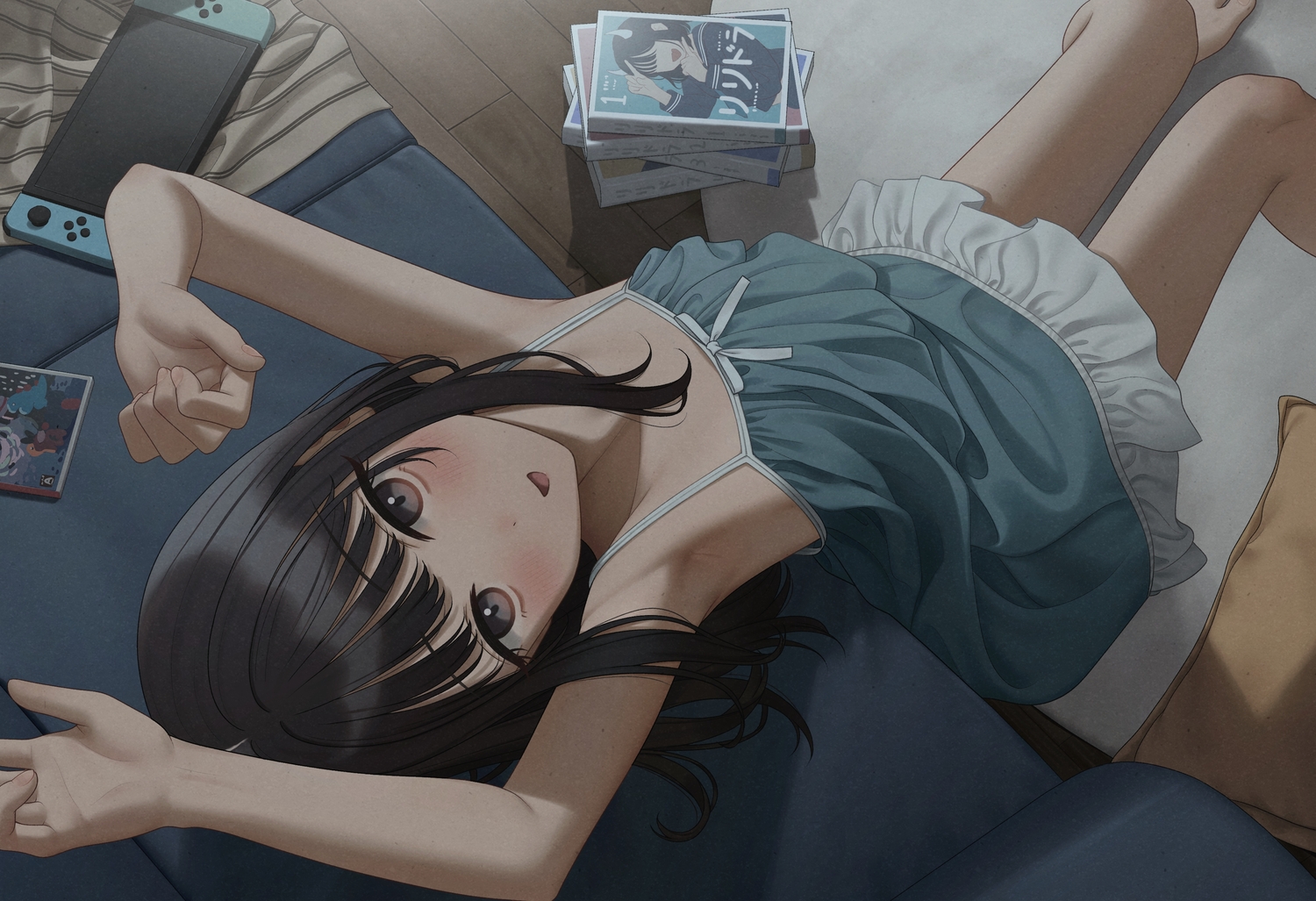 barefoot, black_eyes, black_hair, blush, bow, couch, dress, flat_chest