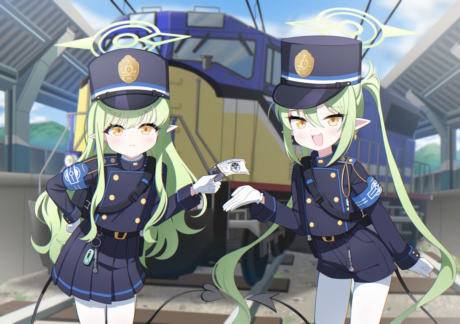 2girls, blue_archive, blush, clouds, fang, gloves, green_hair, halo