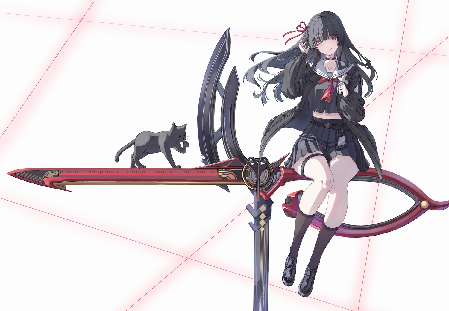 animal, bandage, black_hair, blush, bow, cake_walker, cat, chisa_(wuthering_waves), collar, garter, kneehighs, long_hair, red_eyes, school_uniform, shirt, skirt, sword, weapon, white, wuthering_waves