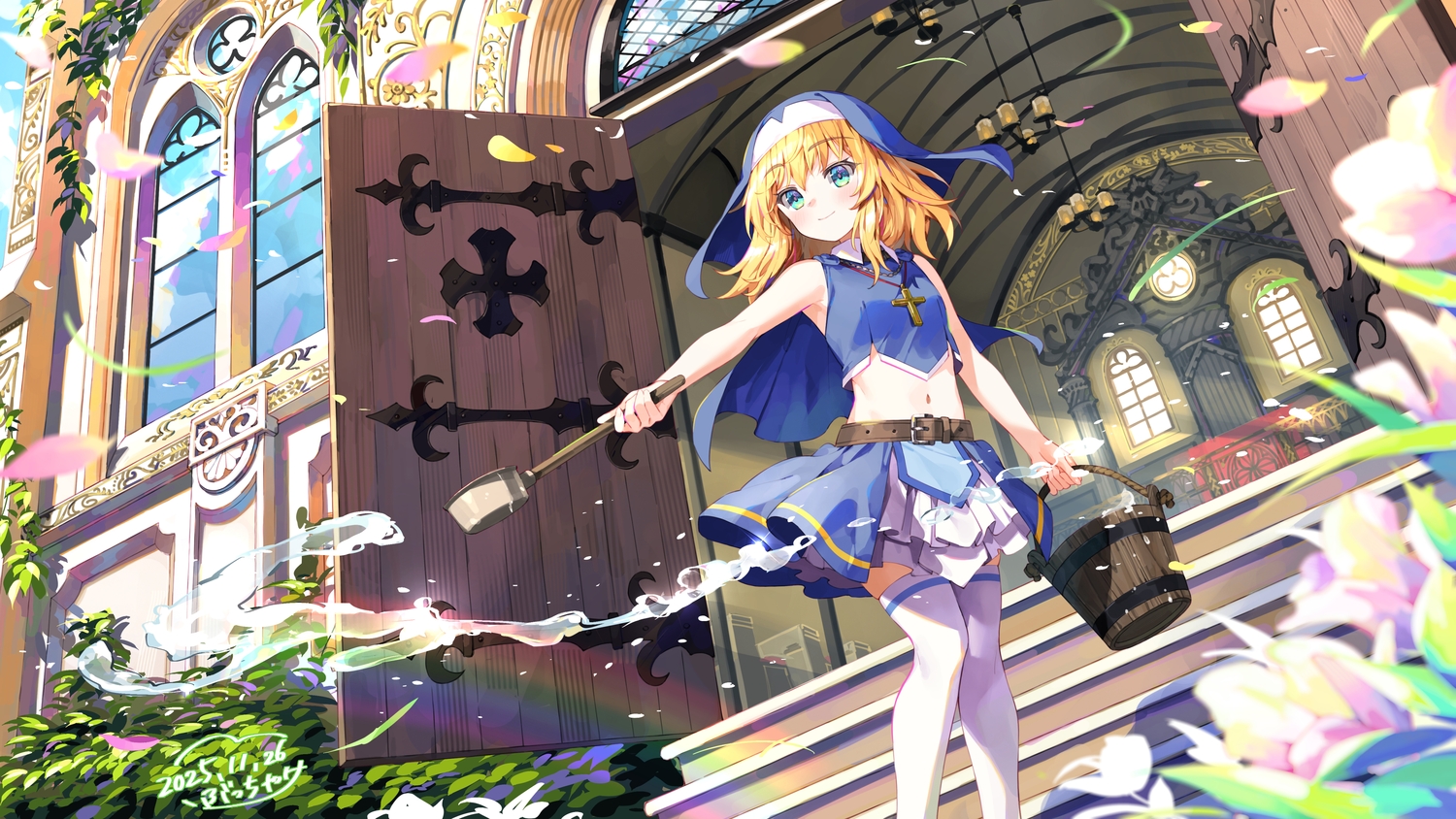 blonde_hair, blush, bucchake_(asami), building, cape, clouds, cross, flat_chest, flowers, green_eyes, headdress, leaves, navel, necklace, nun, ootomo_sourin, petals, reflection, sengoku_otome, short_hair, signed, skirt, stairs, thighhighs, water
