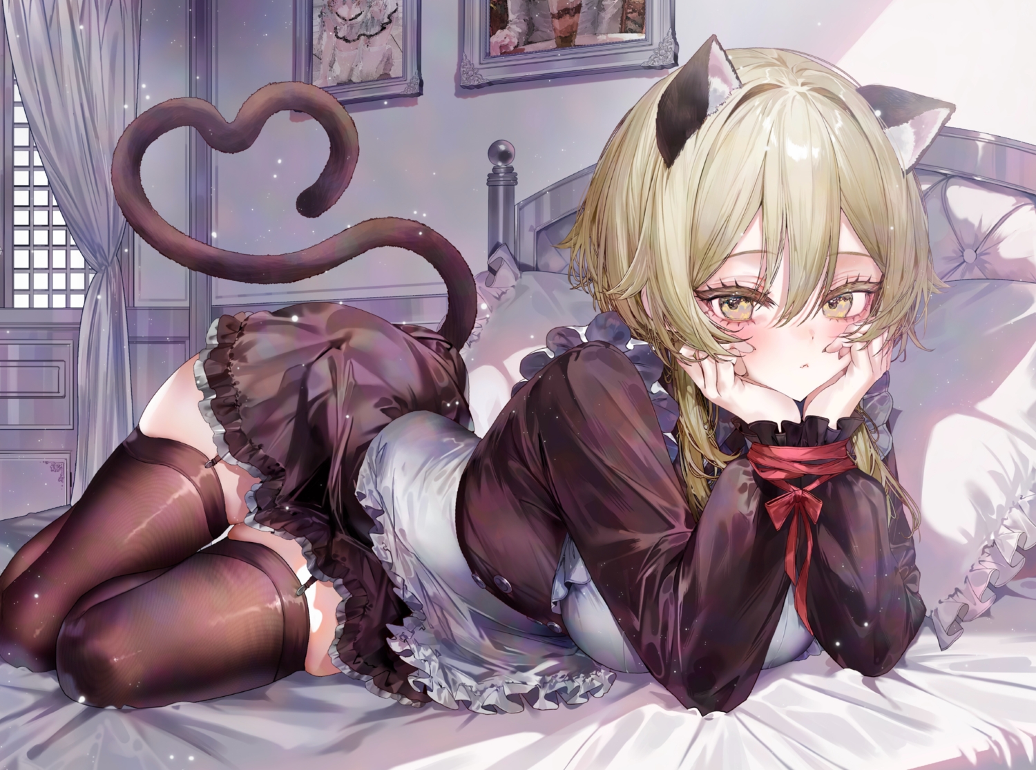 animal_ears, apron, bed, blonde_hair, bondage, bow, catgirl, cat_smile, dress, fang, garter_belt, genshin_impact, lumine_(genshin_impact), maid, ribbons, short_hair, stockings, tail, utsuhostoria, yellow_eyes