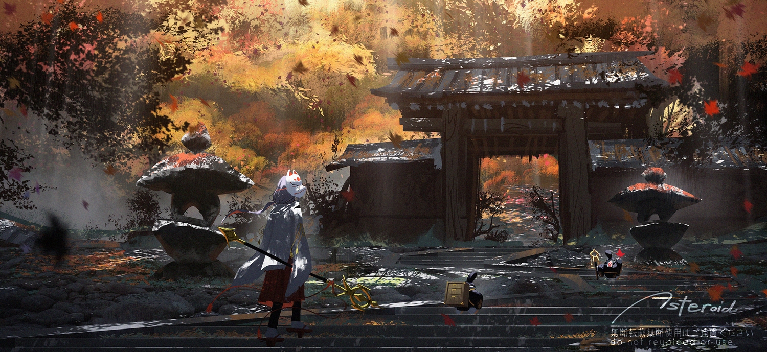 asteroid_ill, autumn, forest, japanese_clothes, leaves, long_hair, mask, miko