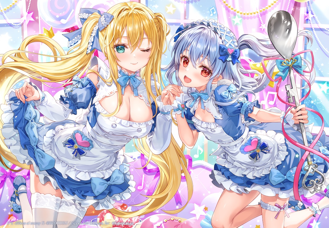 2girls, aliasing, aqua_eyes, blonde_hair, breasts, cleavage, fujima_takuya, garter