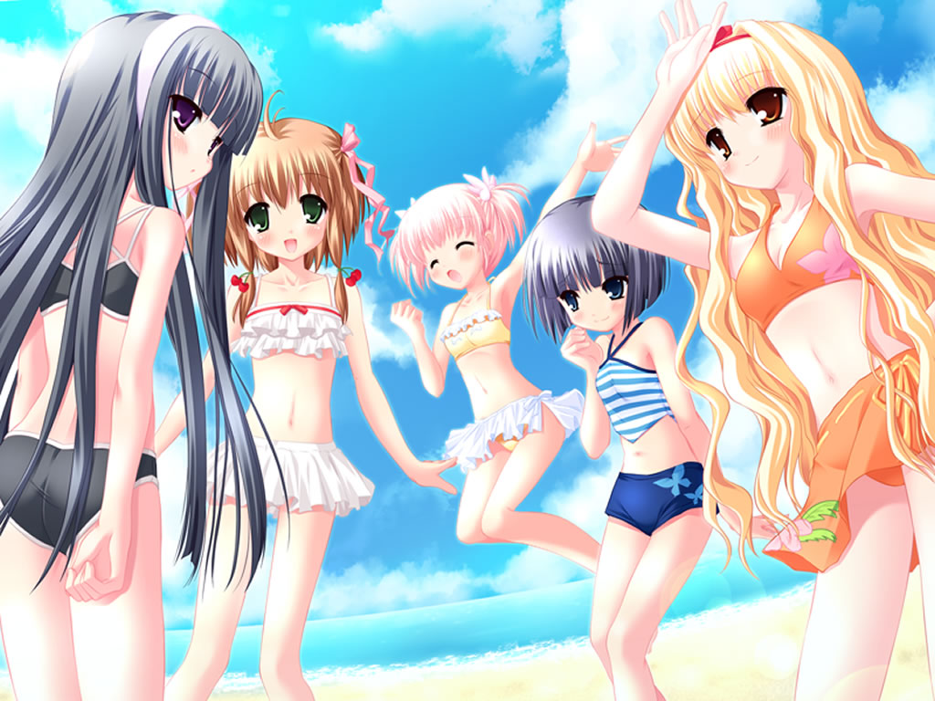aizawa_tobari, arisugawa_yuuhi, beach, bikini, black_hair, blonde_hair, blue_eyes, brown_eyes, fair_child, green_eyes, group, hazumi_kotori, hinamori_kokoro, jpeg_artifacts, kagami_sakuya, loli, nimura_yuushi, purple_eyes, summer, swimsuit
