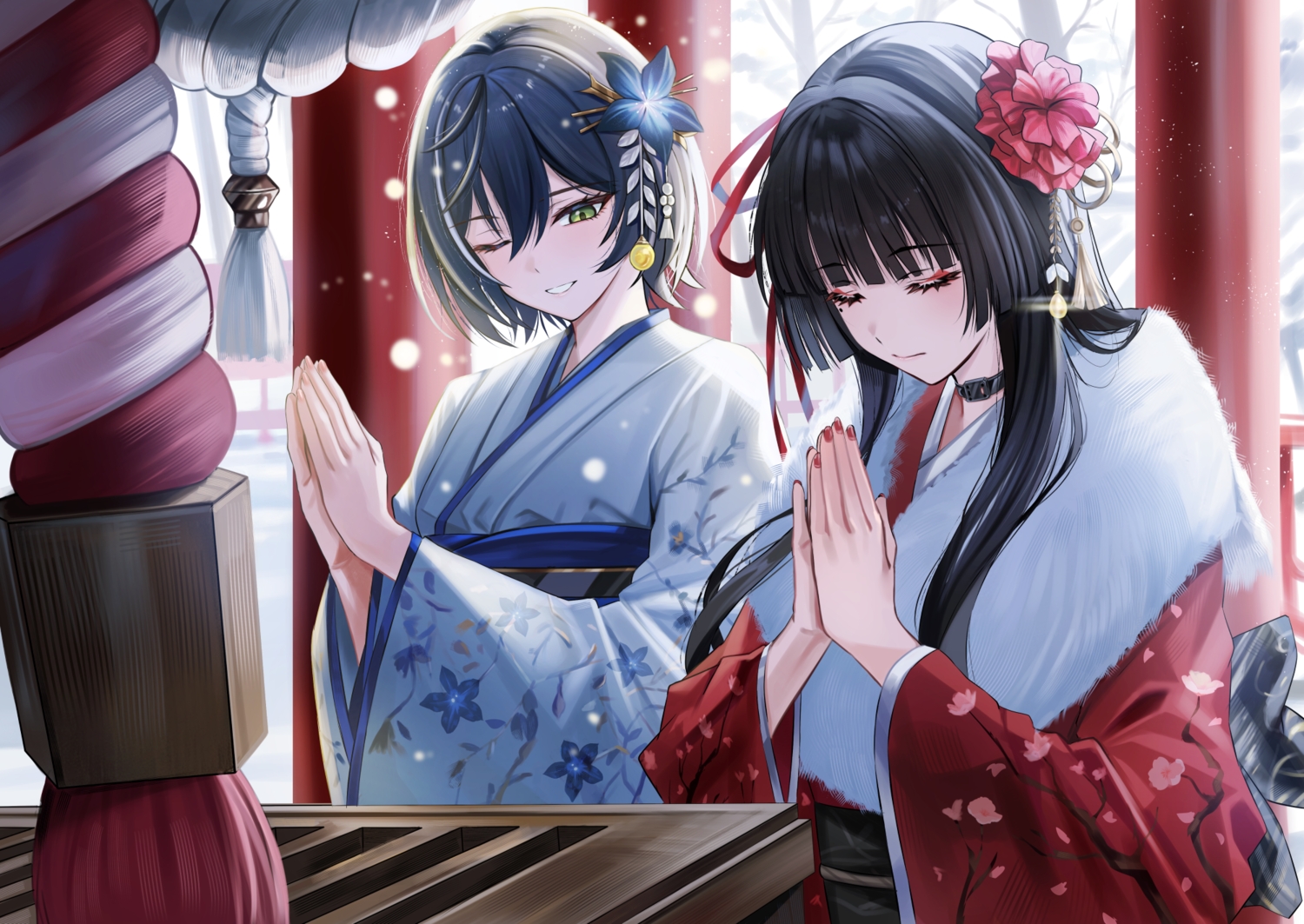 2girls, black_hair, blue_hair, chisa_(wuthering_waves), collar, green_eyes, japanese_clothes, kimono, long_hair, nicky_w, rope, short_hair, shrine, snow, tagme_(character), tree, wink, winter, wuthering_waves