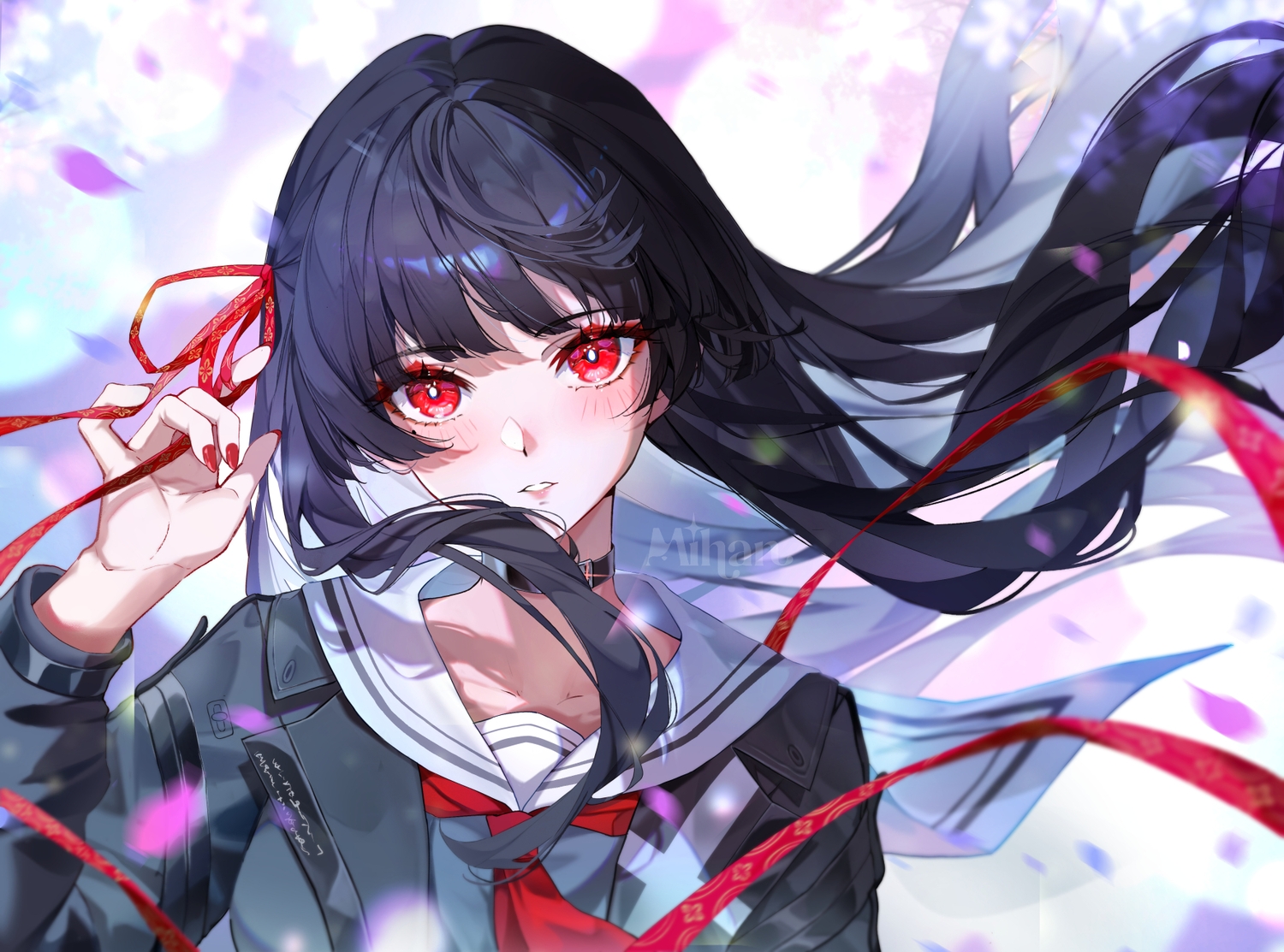 black_hair, blush, bow, chisa_(wuthering_waves), collar, long_hair, mihan_(mihan_art), petals