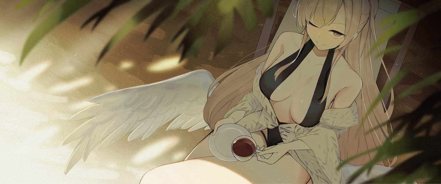 beach, blue_archive, blush, breasts, brown_eyes, brown_hair, drink, kirifuji_nagisa, leaves, long_hair, rafrog, shade, swimsuit, wings, wink