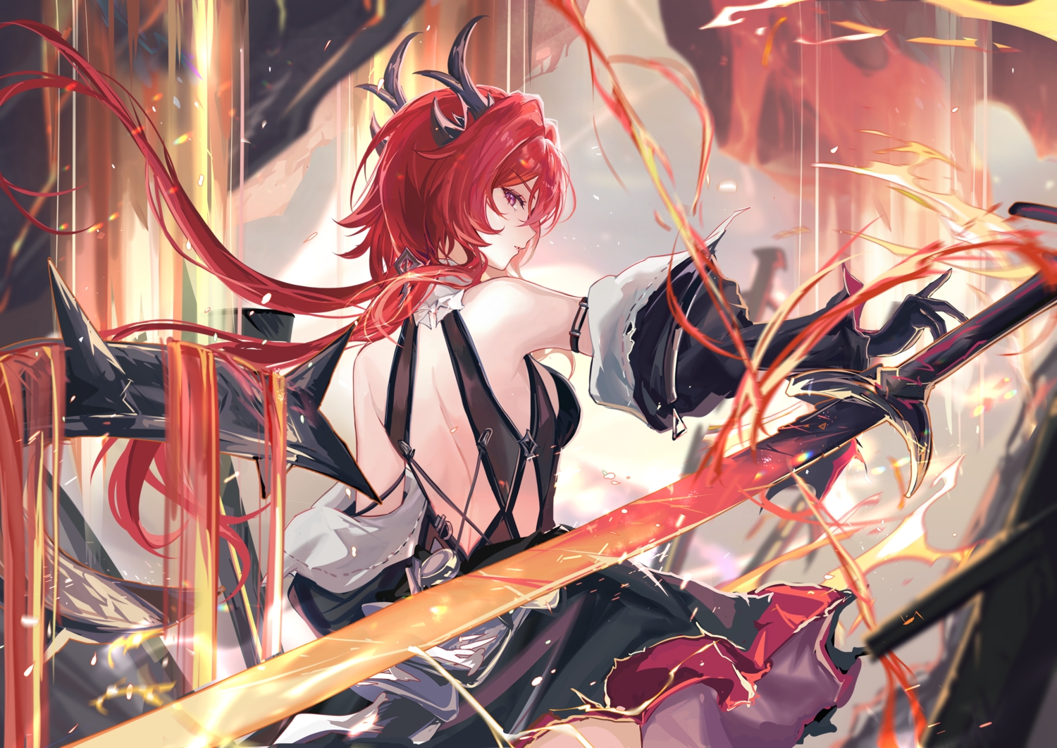 arknights, arknights:_endfield, dress, fire, gloves, horns, laevatein_(arknights), long_hair, magic, purple_eyes, red_hair, surtr_(arknights), sword, torn_clothes, vardan, weapon