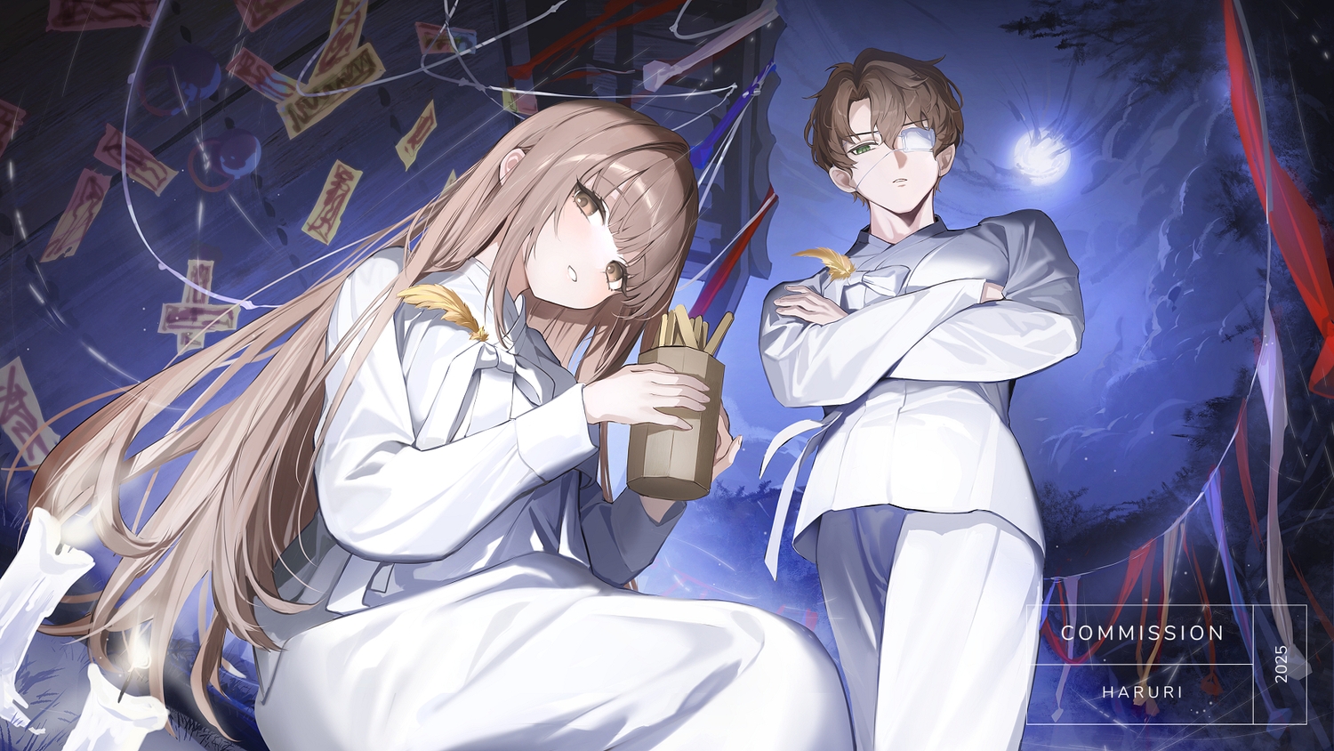 brown_eyes, brown_hair, building, clouds, eyepatch, green_eyes, gwechul, haruri, long_hair, male, moon, night, ofuda, short_hair, sky, tagme_(character), tree, watermark