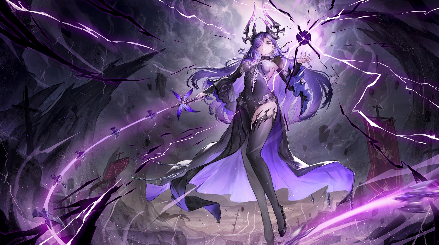 angelo_(angeloart26), choker, clouds, dress, duet_night_abyss, horns, long_hair, magic