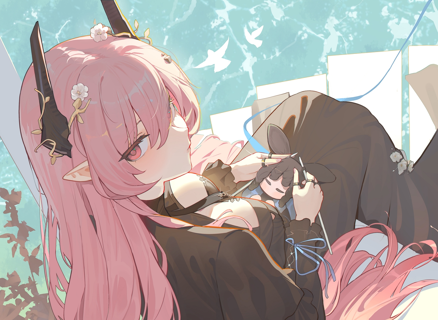 arknights, bow, close, doll, dress, horns, jean.organ, long_hair