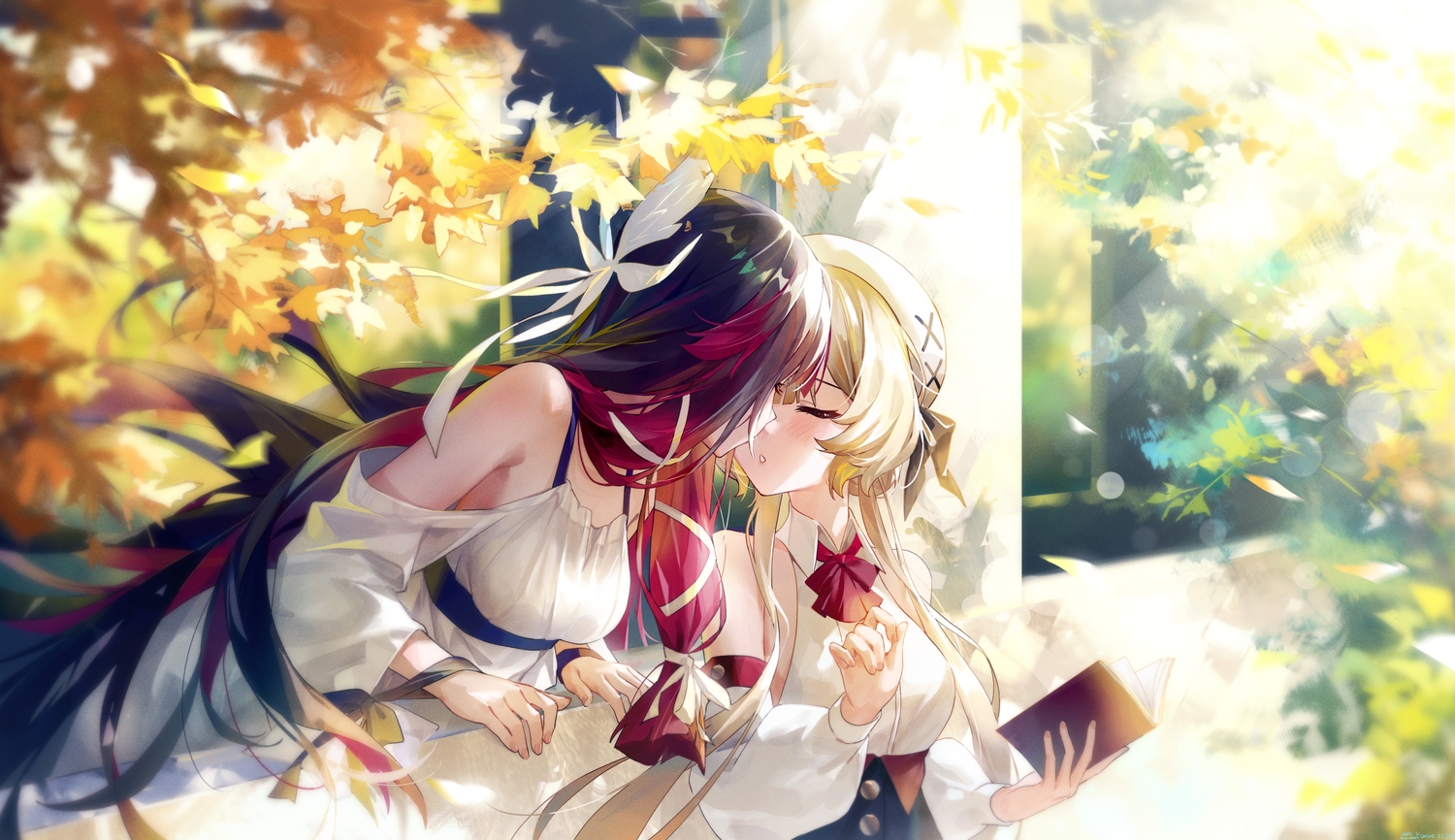 autumn, black_hair, blonde_hair, blush, book, bow, columbina_(genshin_impact), dress