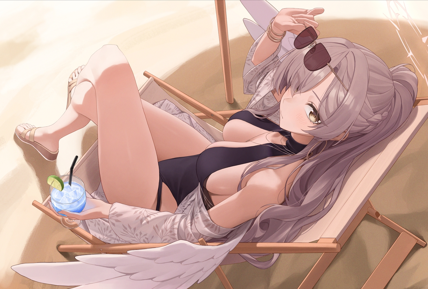 bacon_quiche, blue_archive, blush, braids, breasts, brown_eyes, brown_hair, cleavage, drink, halo, kirifuji_nagisa, long_hair, necklace, ponytail, shade, sideboob, sunglasses, swimsuit, wings, wristwear