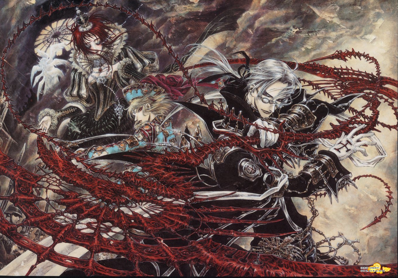 abel_nightroad, blonde_hair, blue_eyes, cain_nightroad, crown, esther_blanchett, glasses, gloves, gray_hair, ion_fortuna, red_eyes, red_hair, scythe, thores_shibamoto, trinity_blood, weapon, wings