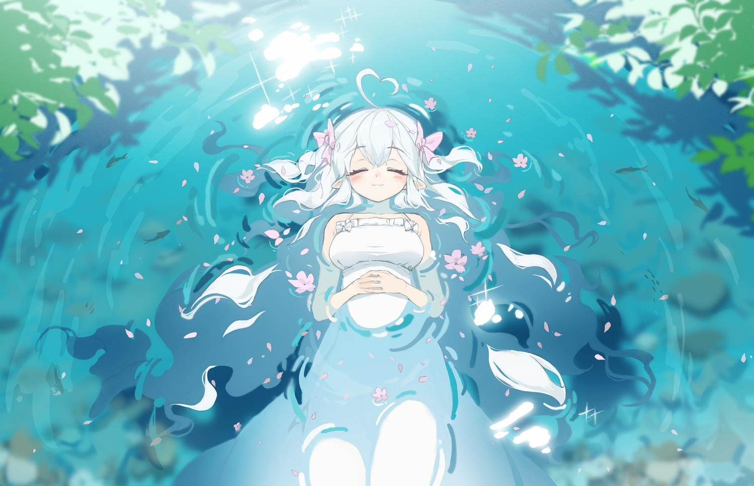 a_simple_life_with_my_unobtrusive_sister, blush, bow, cat_smile, dress, flowers, leaves, long_hair, niliu_chahui, petals, pointed_ears, sketch, summer_dress, tagme_(character), water