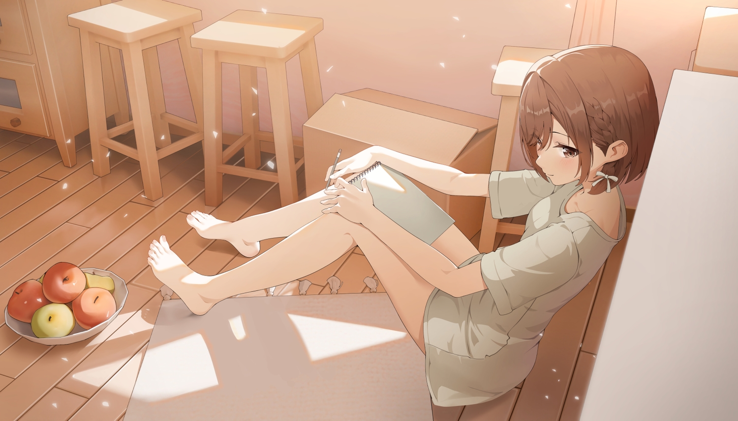 3d, apple, barefoot, blush, braids, brown_eyes, brown_hair, dress
