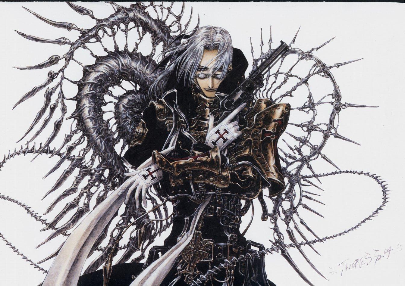 abel_nightroad, cross, glasses, gloves, gray_hair, gun, thores_shibamoto, trinity_blood