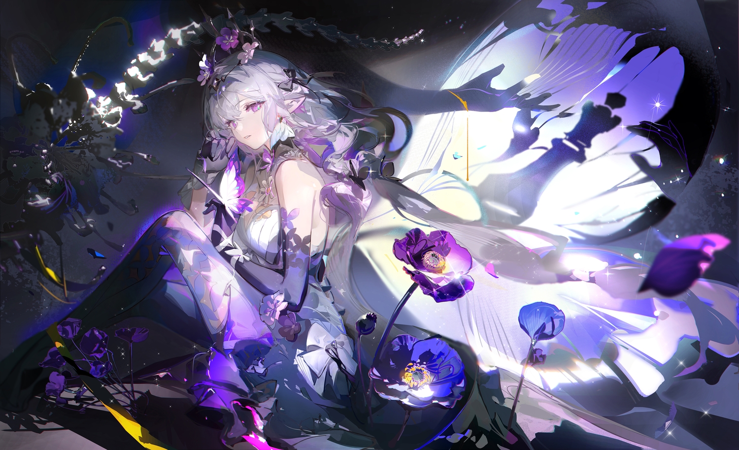 bones, breasts, butterfly, castorice_(honkai:_star_rail), cleavage, dress, elbow_gloves, flowers