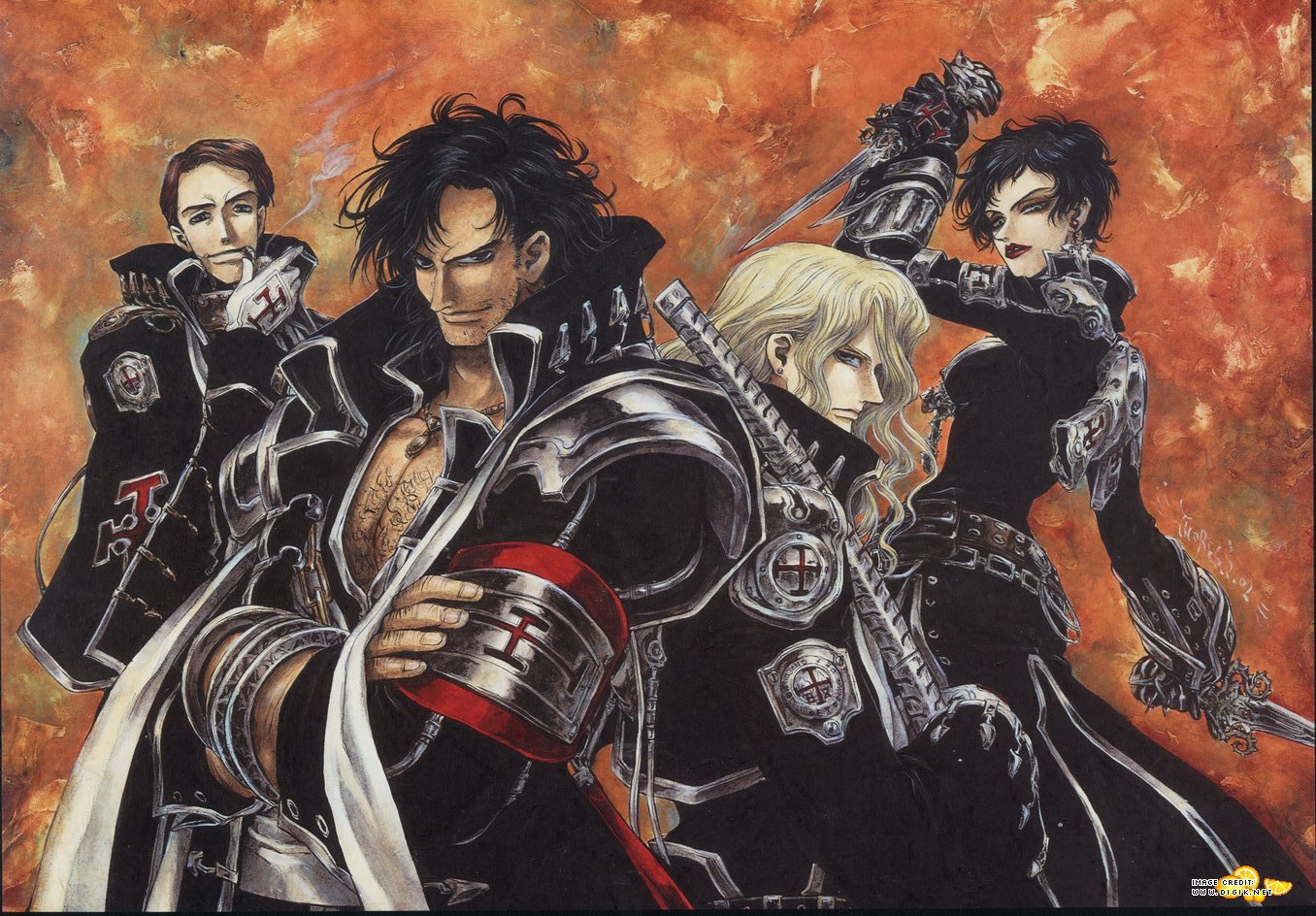 black_hair, blonde_hair, brown_hair, gloves, hugue_de_watteau, knife, leon_garcia_de_asturias, monica_argento