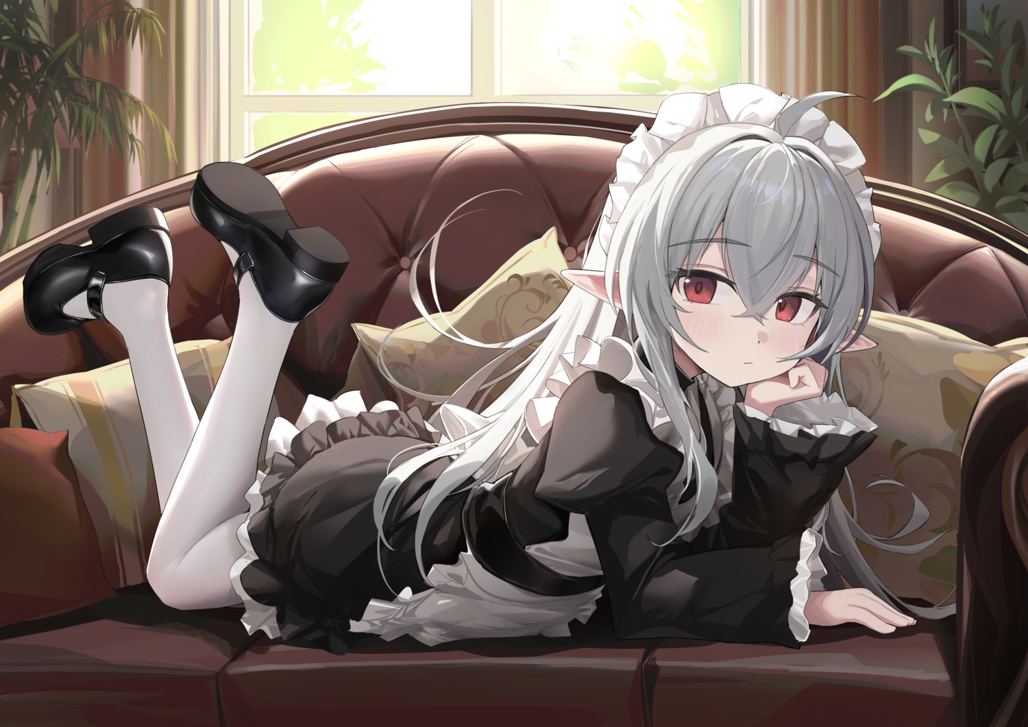 apron, blush, couch, dress, gray_hair, headdress, loli, long_hair