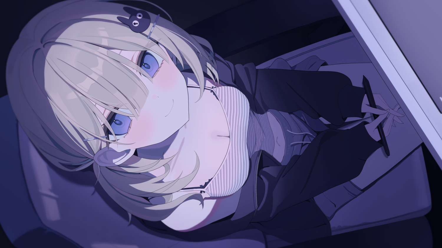 blue_eyes, breasts, brown_hair, cleavage, close, dark, mizu_(lzzrwi603), navel