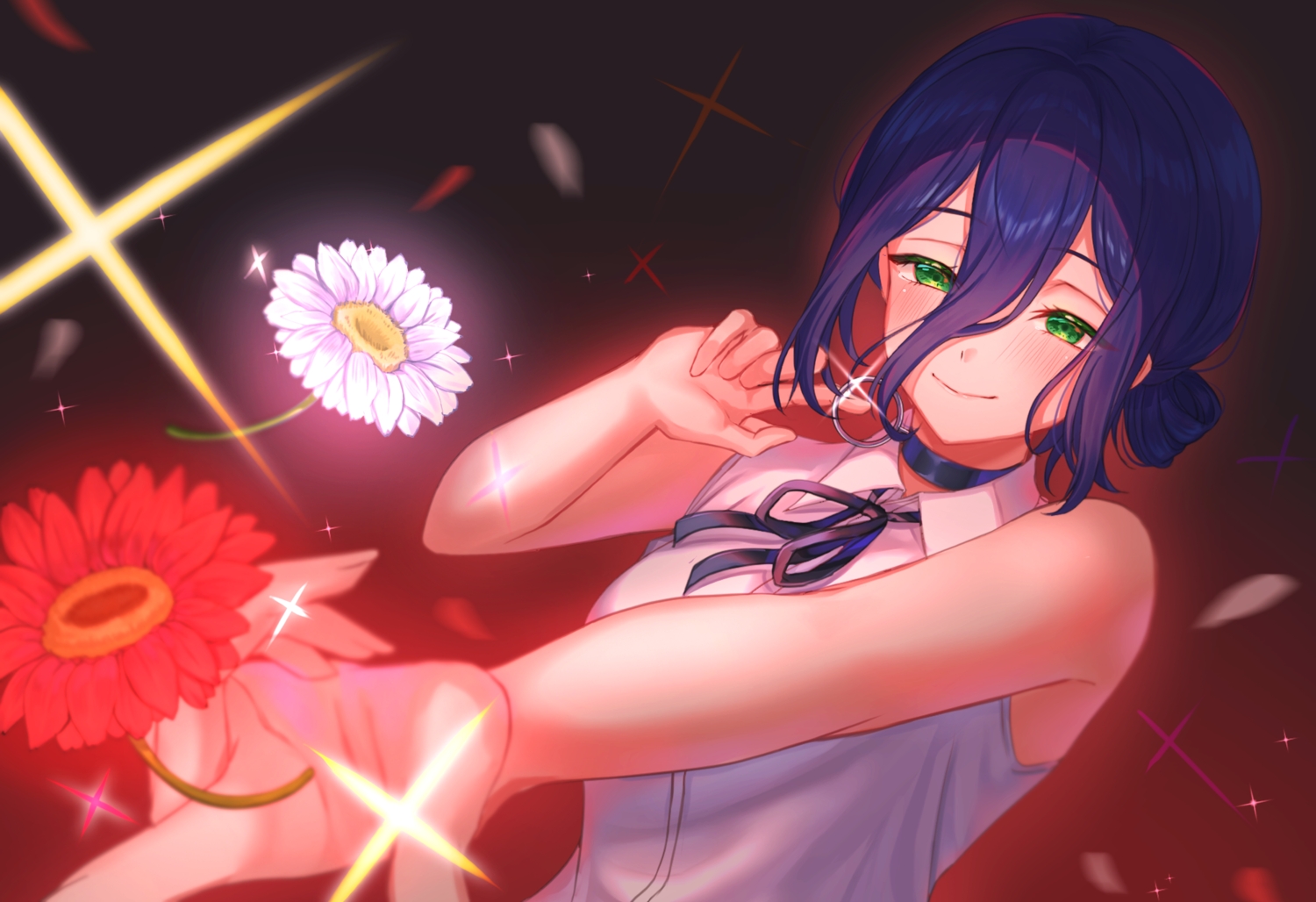 blue_hair, blush, bow, chainsaw_man, choker, close, flowers, green_eyes