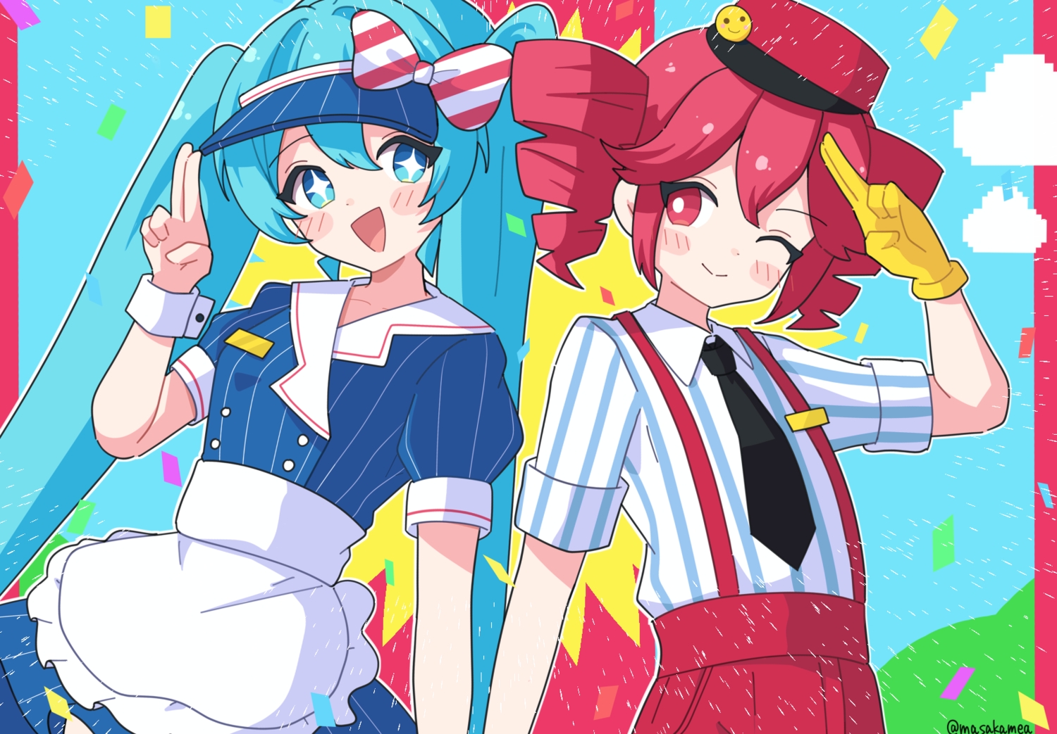 2girls, apron, aqua_eyes, aqua_hair, blush, bow, dress, gloves, hat, hatsune_miku, kasane_teto, long_hair, masakamea, mesmerizer_(vocaloid), red_eyes, red_hair, shirt, signed, sky, tie, twintails, uniform, utau, vocaloid, wink, wristwear