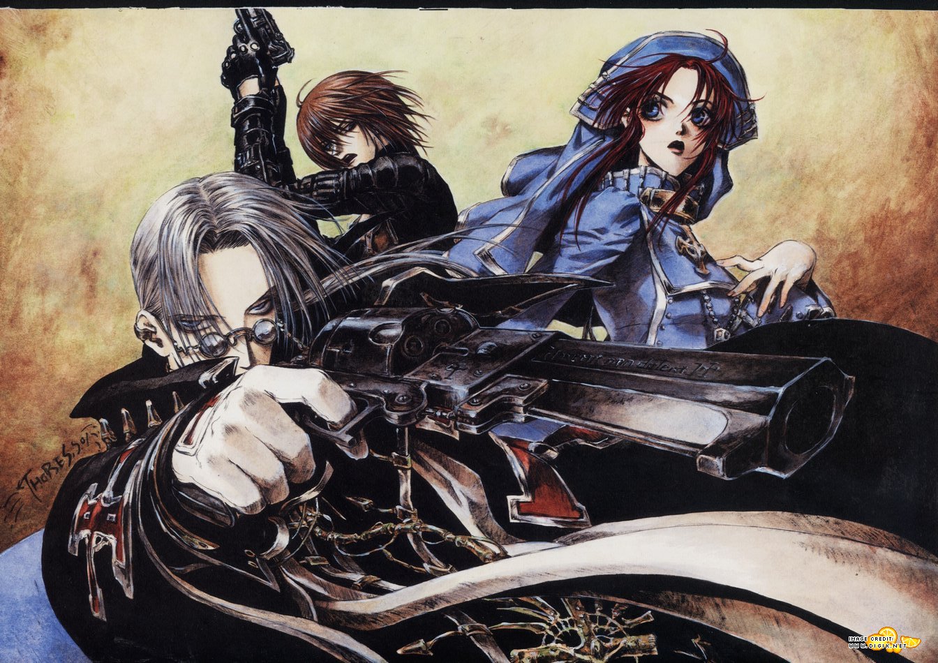 abel_nightroad, blue_eyes, brown_hair, dietrich_von_lohengrin, esther_blanchett, glasses, gloves, gray_hair, gun, nun, red_hair, thores_shibamoto, trinity_blood, weapon