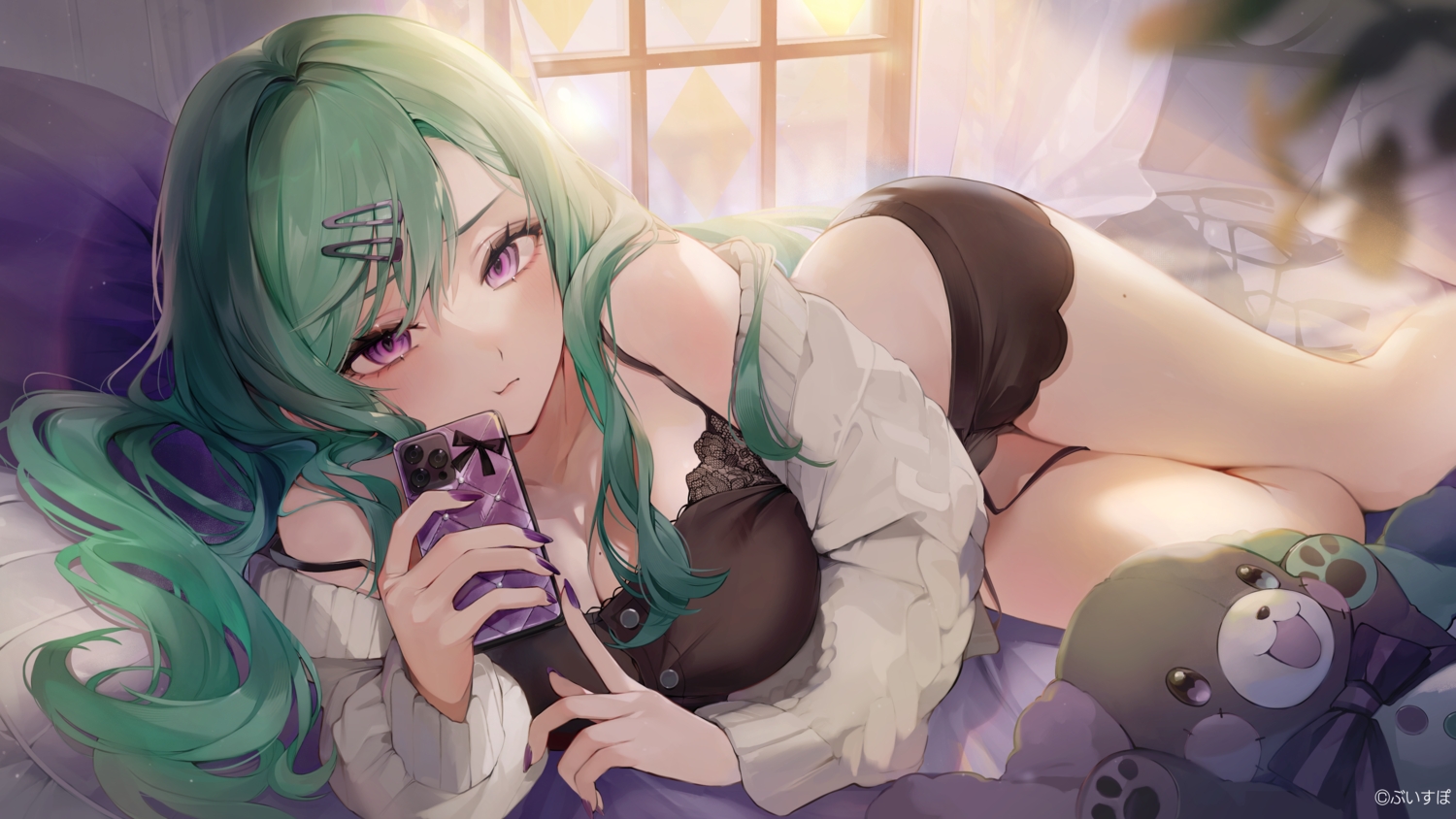 bed, blush, breasts, cleavage, doll, green_hair, kairi630, long_hair, pajamas, phone, purple_eyes, shorts, vspo!, watermark, yakumo_beni